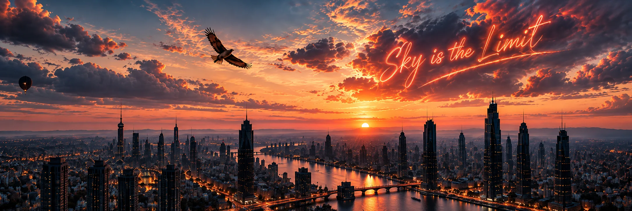 Falke über einer Stadt im Sonnenuntergang, Schriftzug Sky is the Limit